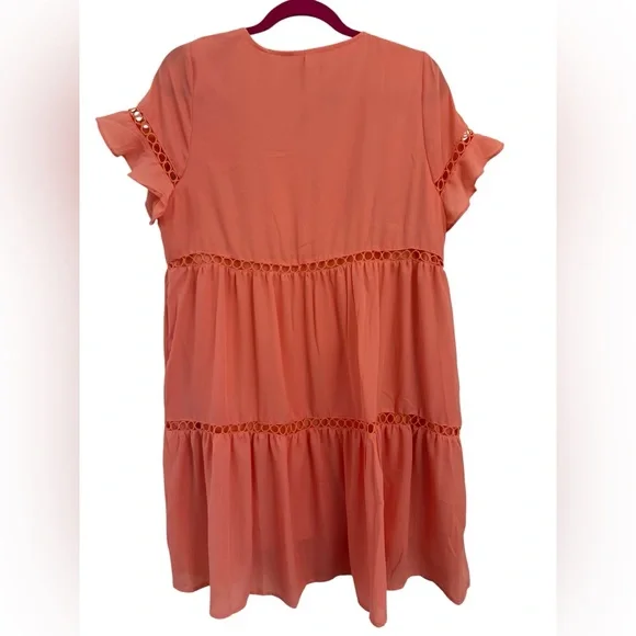 Racheal Coral V-Neck Tiered Mini Dress with Flutter Sleeves Crochet Eyelet Trim - Picture 5 of 7